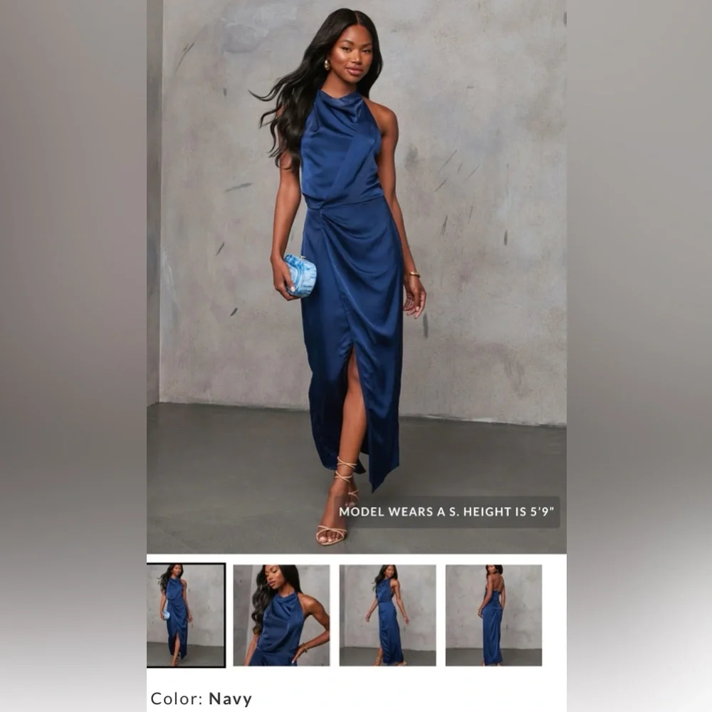 Vici Navy Halter Neck Satin Maxi Dress - Picture 3 of 6